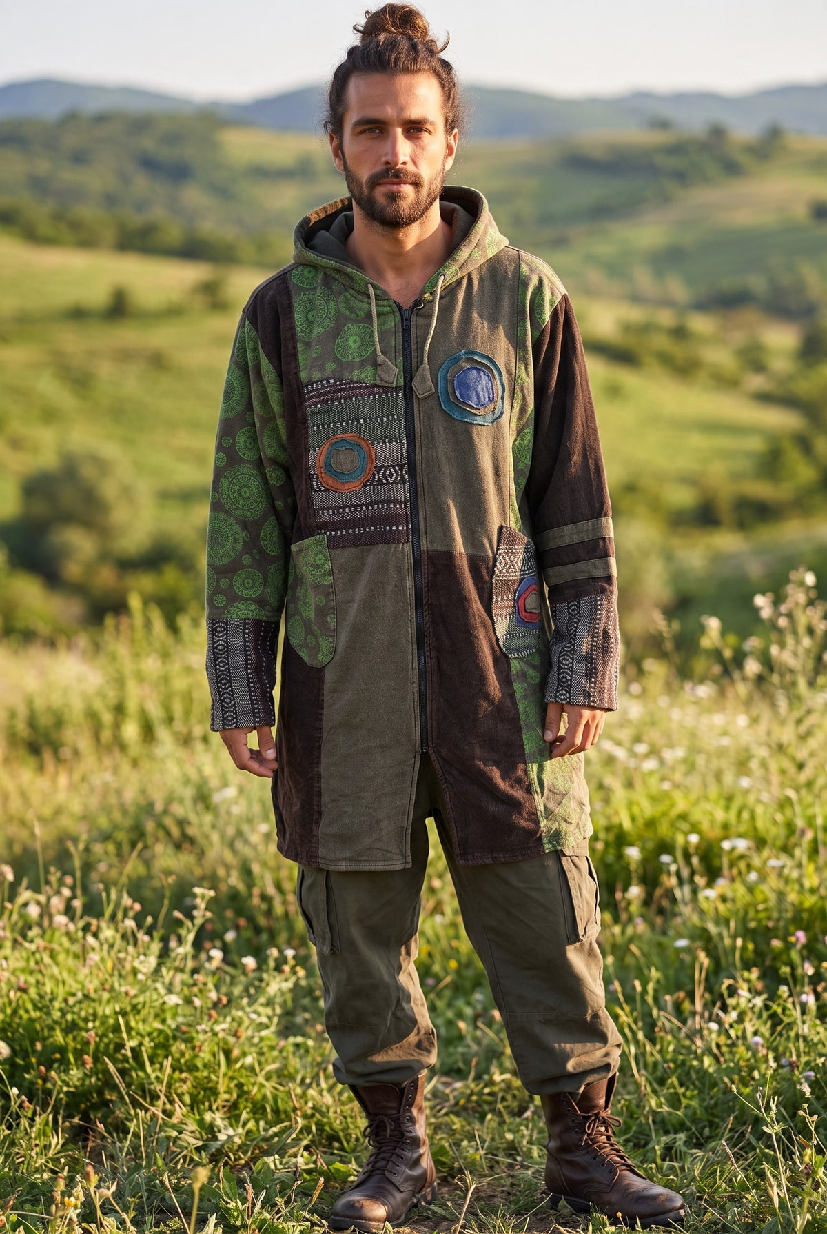 Unisex Nepal Etnik Patchwork Polar Astarlı Uzun Kapüşonlu Ceket Mont – Haki Yeşil