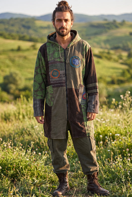 Unisex Nepal Etnik Patchwork Polar Astarlı Uzun Kapüşonlu Ceket Mont – Haki Yeşil