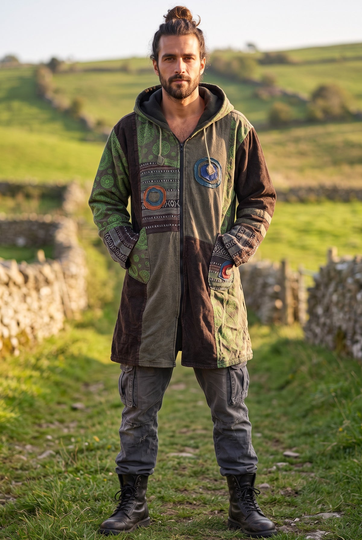 Unisex Nepal Etnik Patchwork Polar Astarlı Uzun Kapüşonlu Ceket Mont – Haki Yeşil