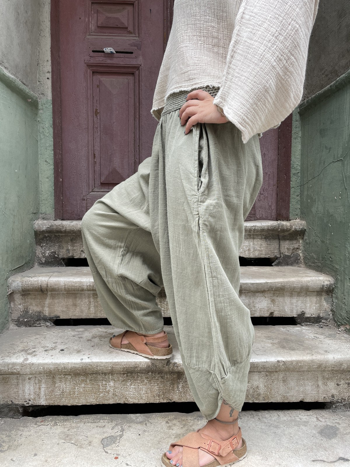 Bohem Lastik Bel Haki Kadın Yoga Pantolonu