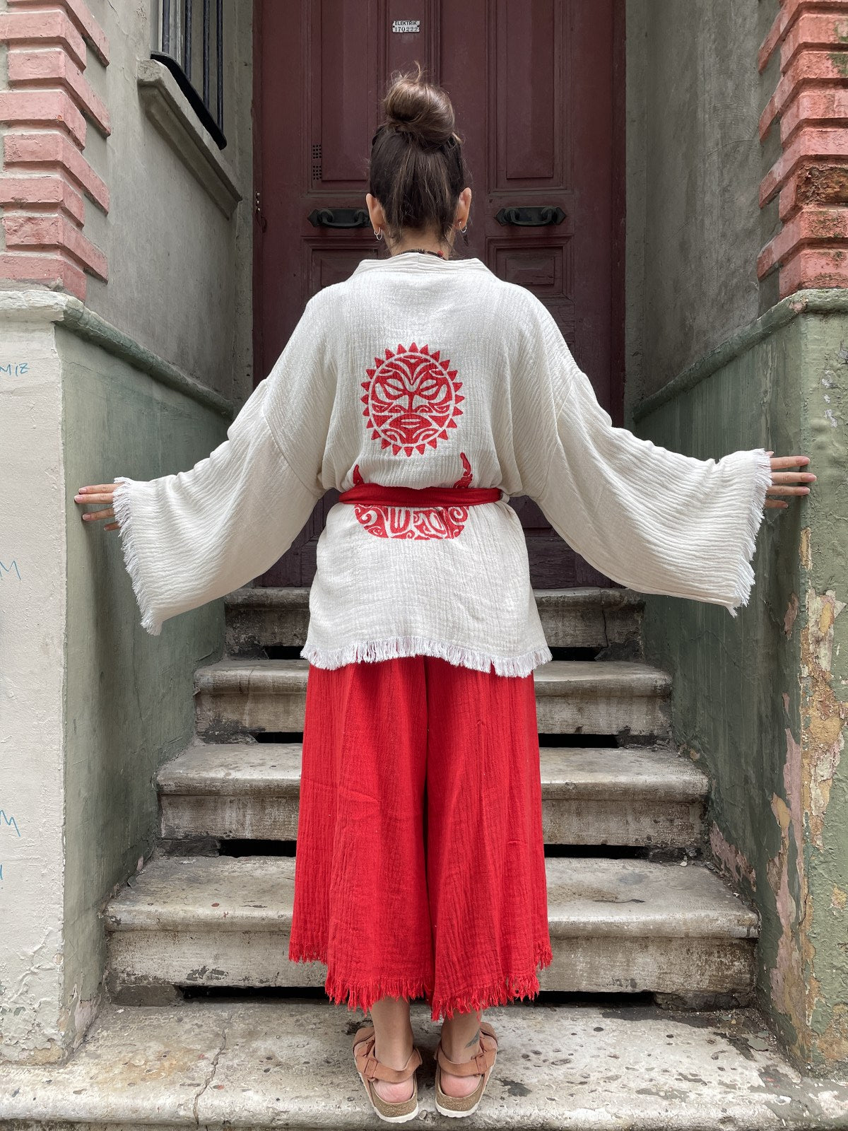 Kırmızı Güneş Bohem Kadın Yoga Doğal Kumaş Kimono Takım Yoga Takımı