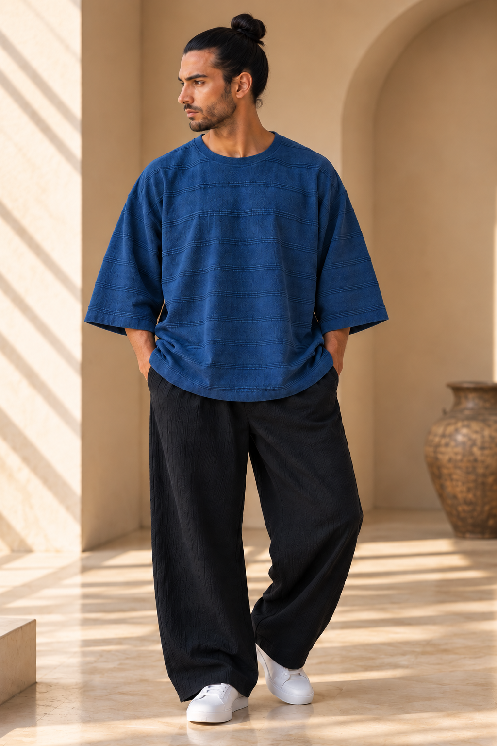 Sora Indigo Erkek Bluz – Doğal Pamuklu Kumaş, Oversize Rahat Kesim