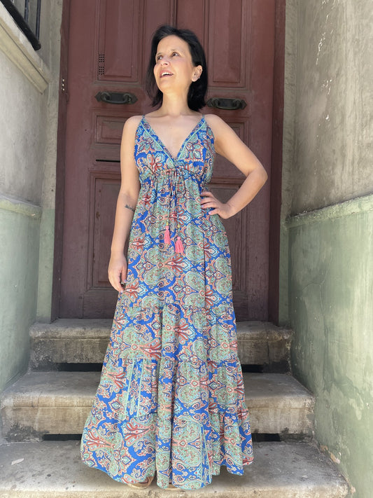 Bohem Nepal Askılı Kol Mavi Pembe İpek Elbise