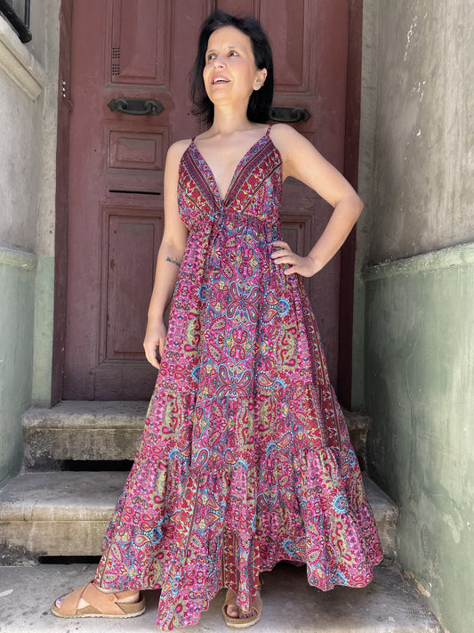 Bohem Nepal Askılı Kol Pembe İpek Elbise