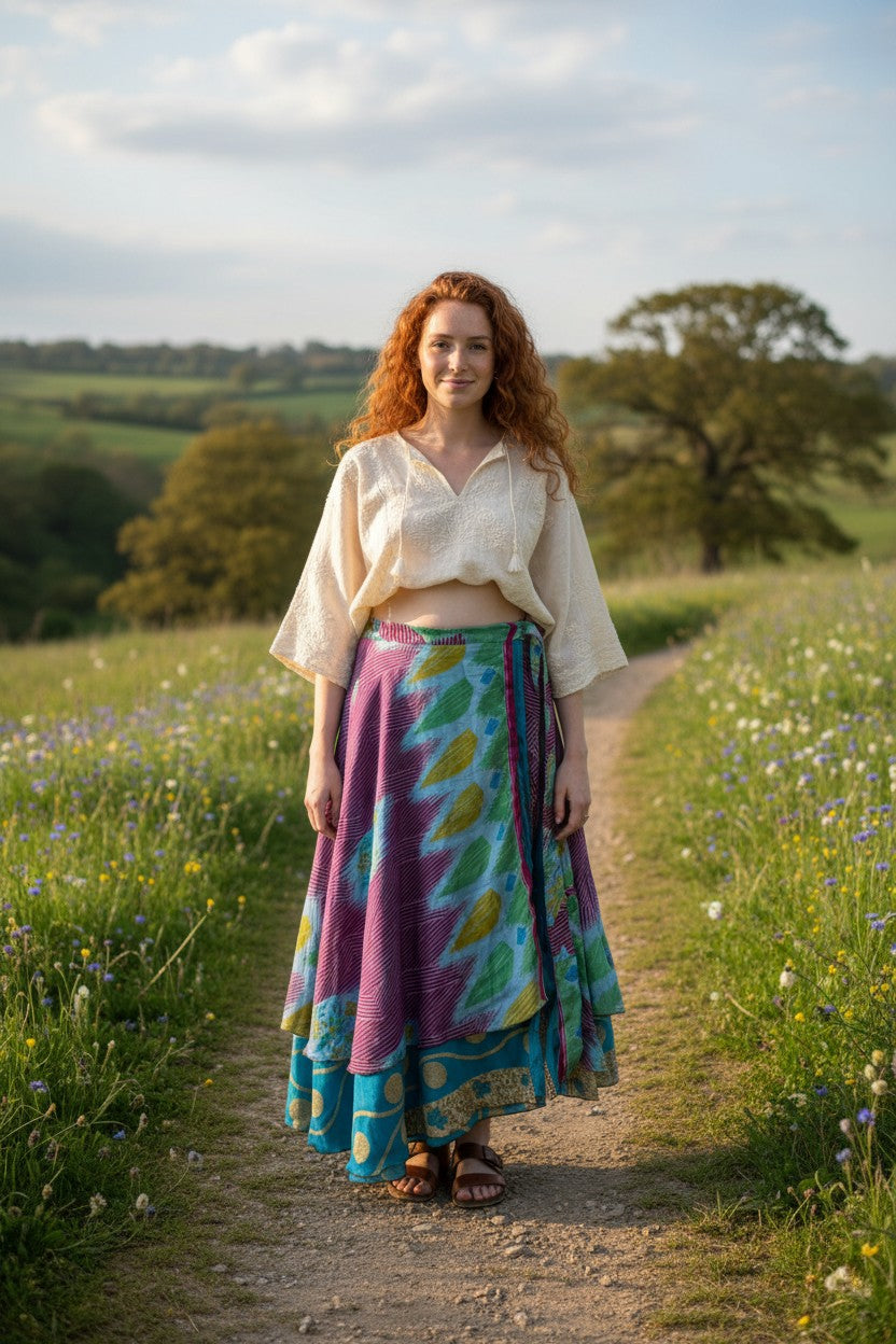 Çift Taraflı Bağlamalı İpek Etek – Mavi Mor Desenli (Nepal)