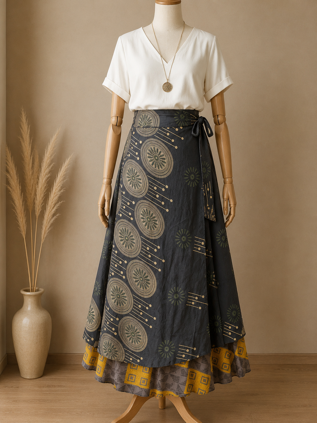 Çift Taraflı Bağlamalı İpek Etek Sarong – Füme Sarı Desenli