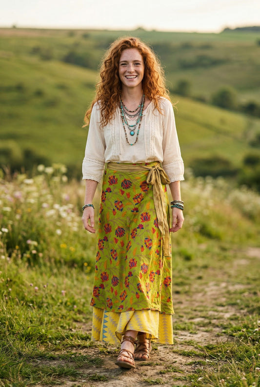 Çift Taraflı Bağlamalı İpek Etek – Yeşil Sarı Renkli Desenli (Nepal)