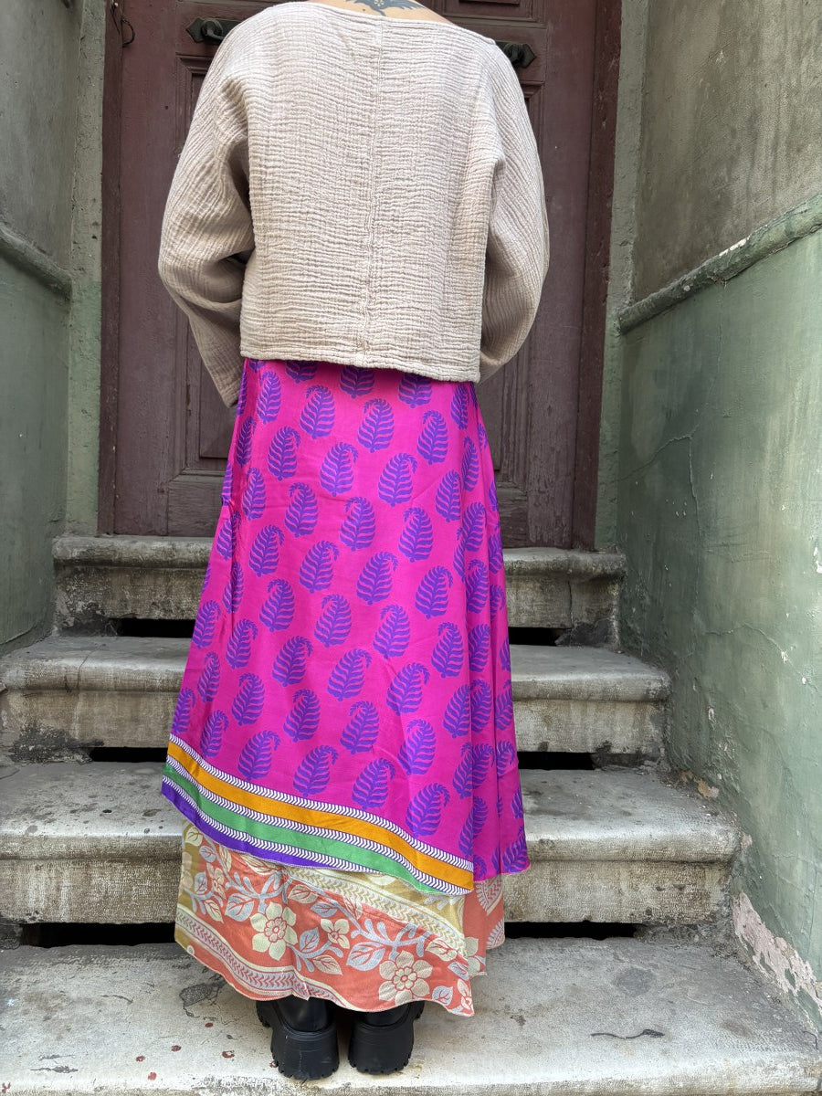 Çift Taraflı Nepal İpek Etek – Pembe Turuncu El Yapımı & Bohem Stil