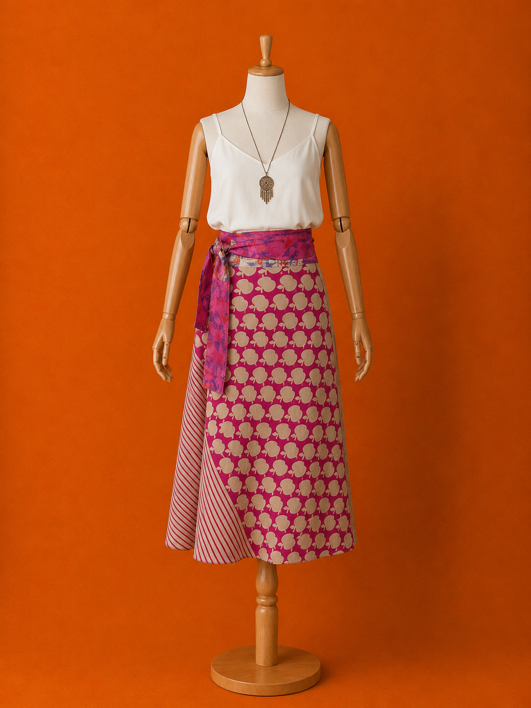 Çift Taraflı Bağlamalı İpek Etek Sarong – Pembe Elma Desenli Bohem Etek ve Elbise