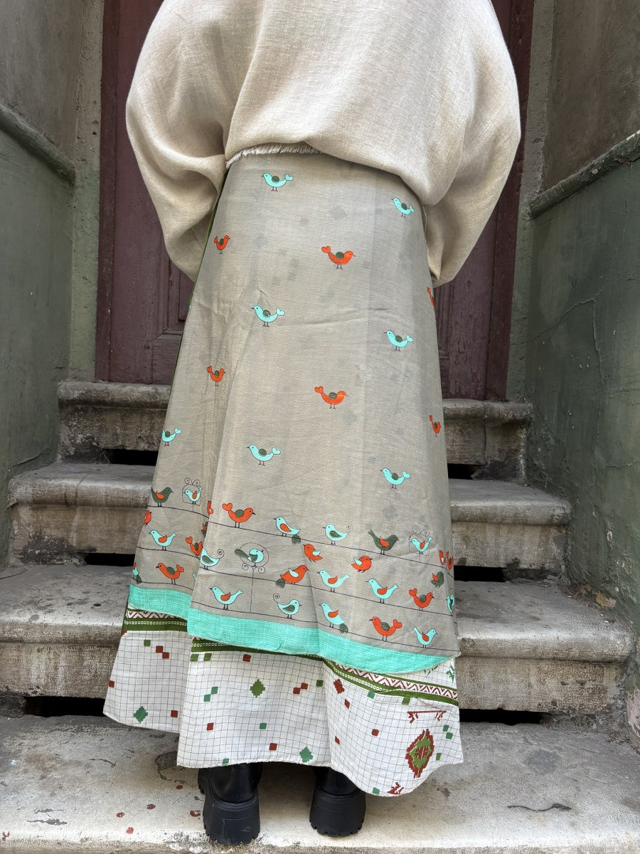 Birdsong – Çift Taraflı Kuş Desenli İpek Etek