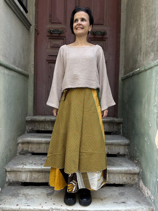 Çift Taraflı Nepal İpek Etek – Kare Motifli