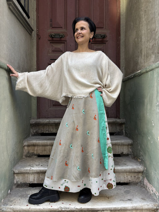 Birdsong – Çift Taraflı Kuş Desenli İpek Etek