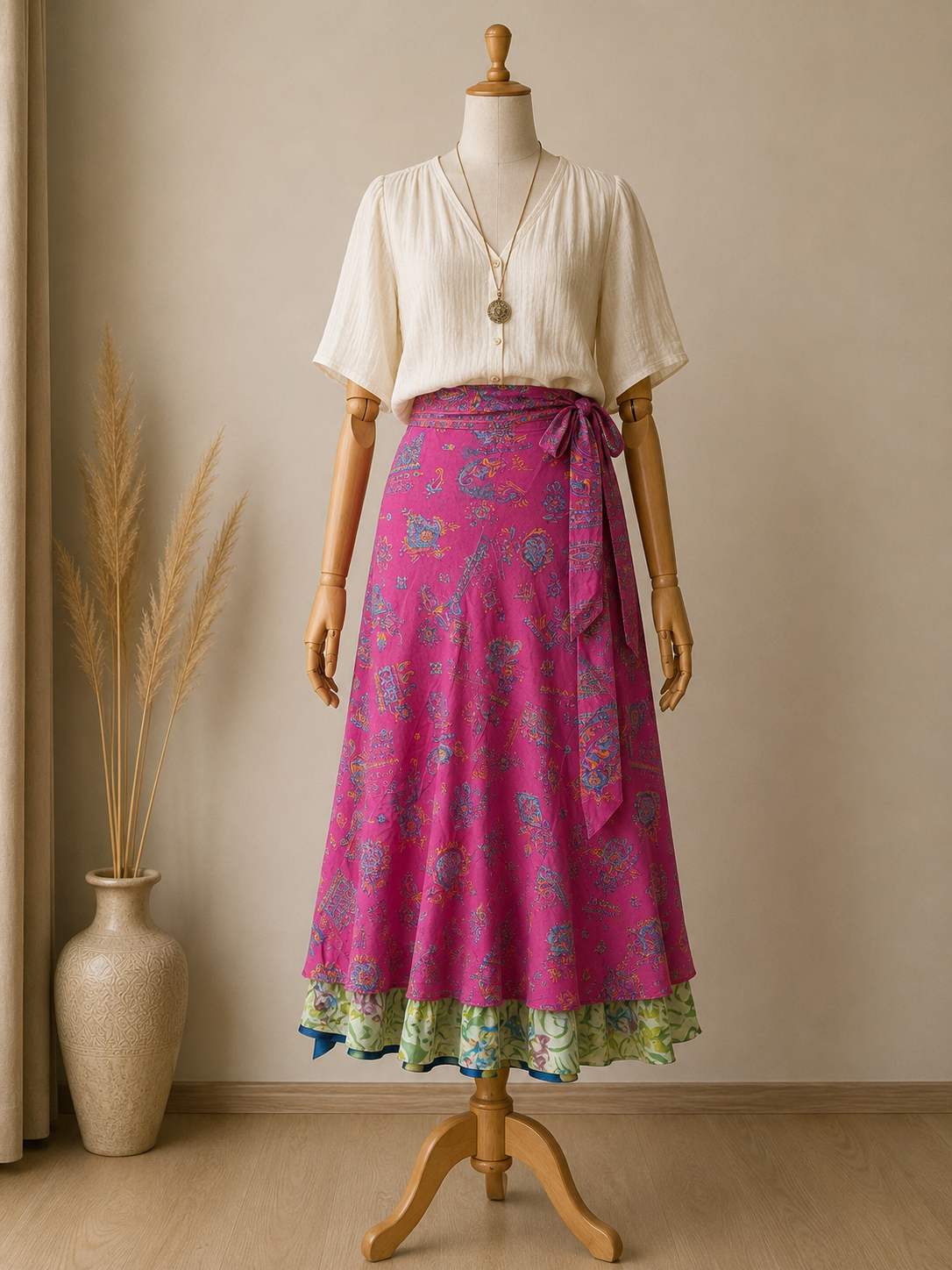 Çift Taraflı Bağlamalı İpek Etek Sarong – Pembe Petrol Desenli
