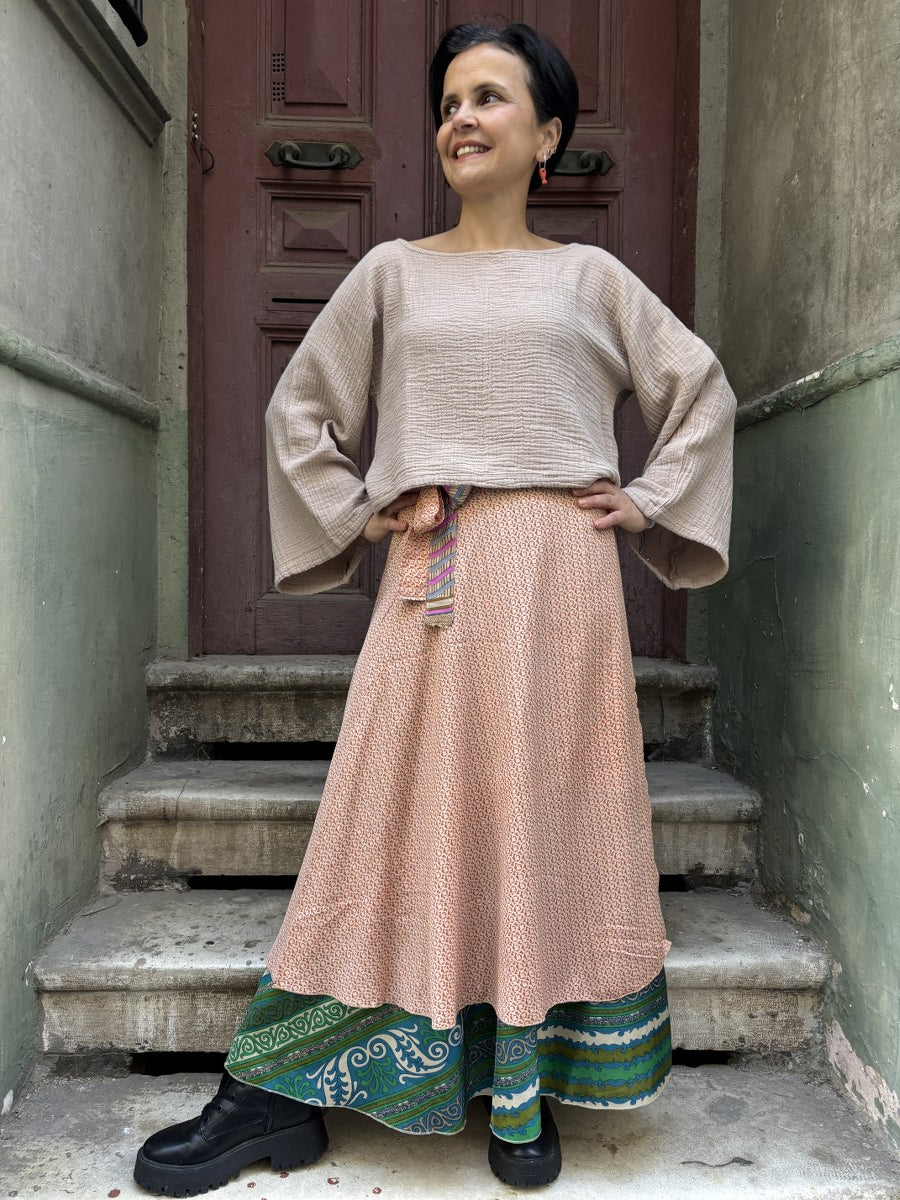 Çift Taraflı Nepal İpek Etek – Bej Bohem Tarz