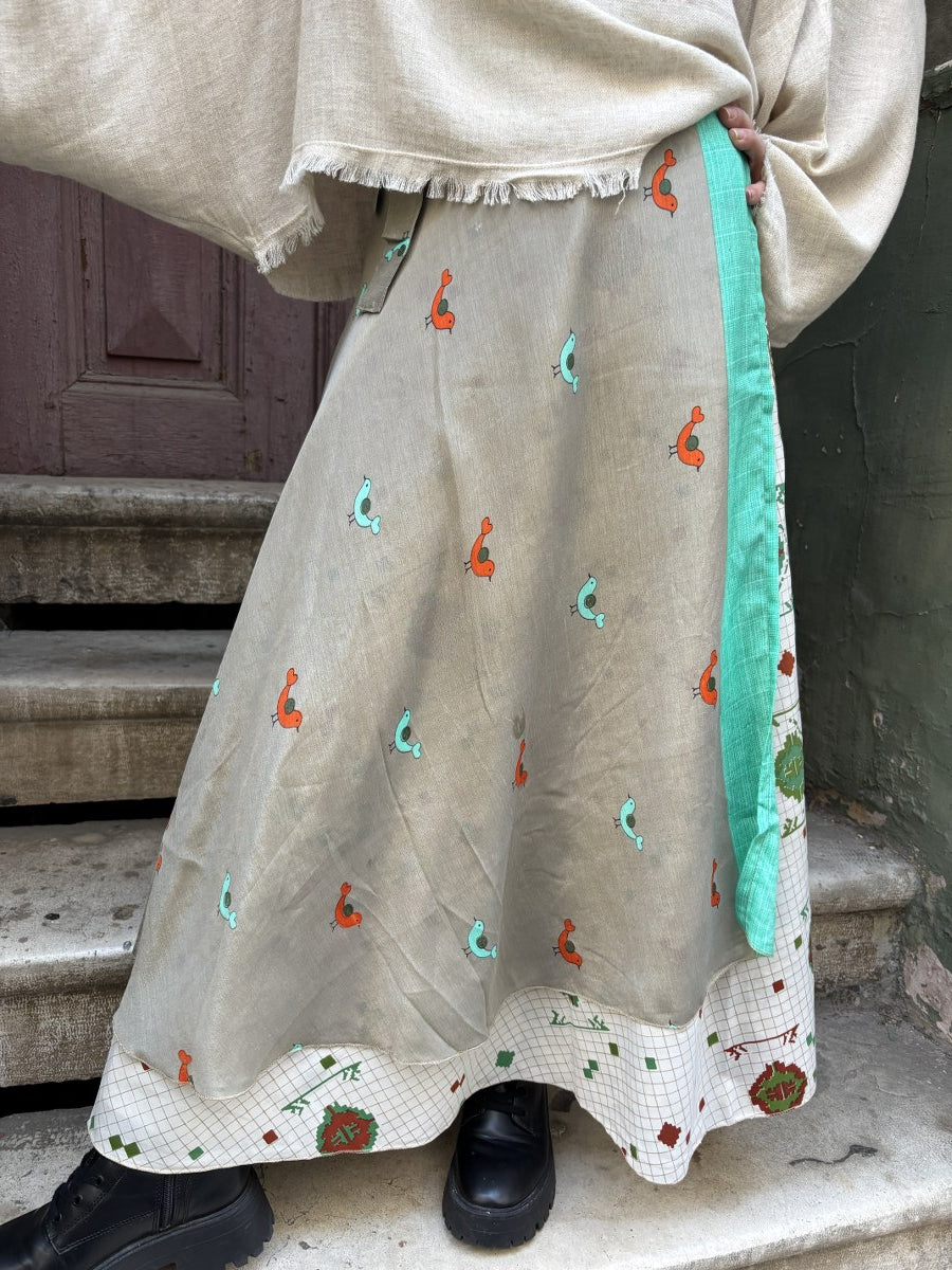 Birdsong – Çift Taraflı Kuş Desenli İpek Etek