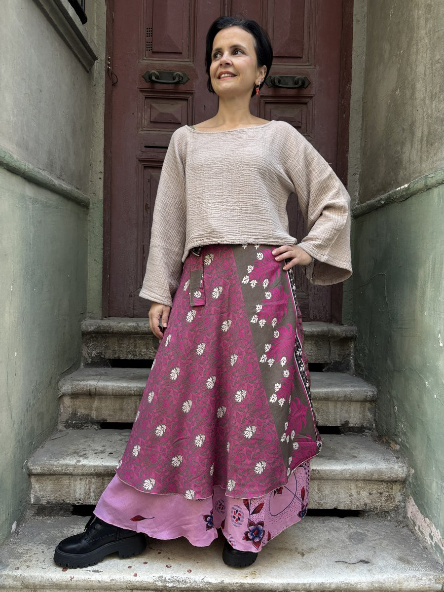 Nepal Çift Taraflı İpek Etek – Gül Kurusu Pembe El Yapımı