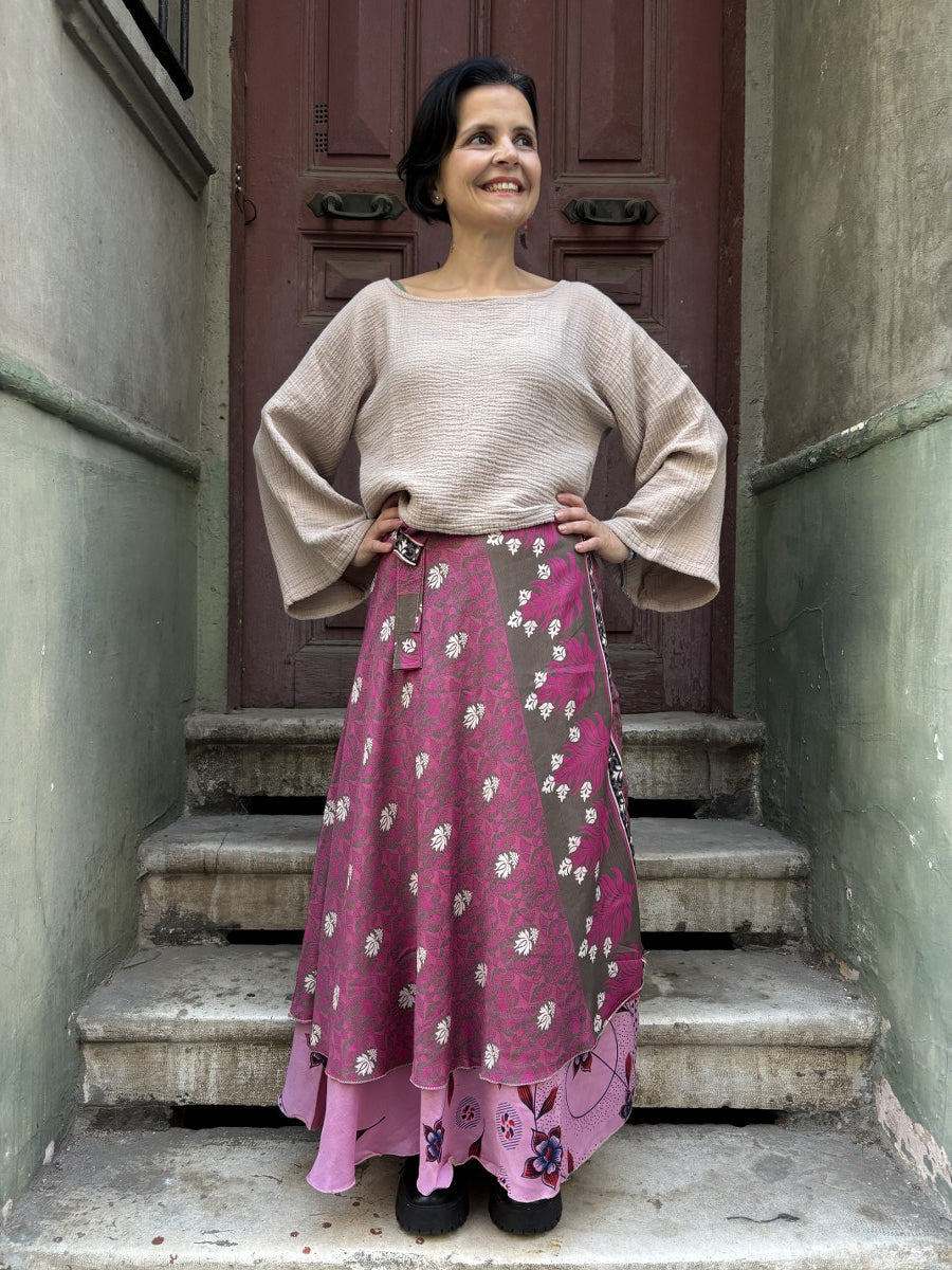 Nepal Çift Taraflı İpek Etek – Gül Kurusu Pembe El Yapımı