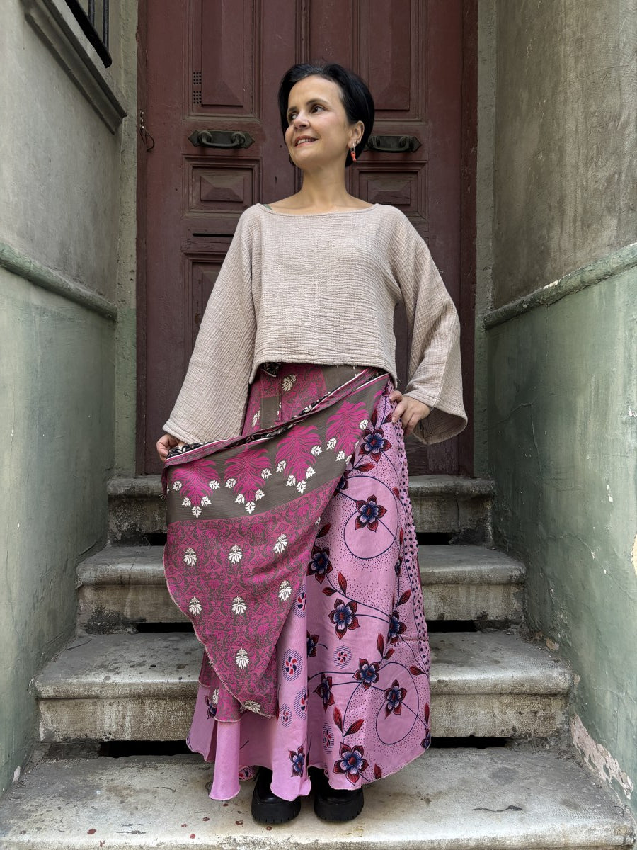 Nepal Çift Taraflı İpek Etek – Gül Kurusu Pembe El Yapımı