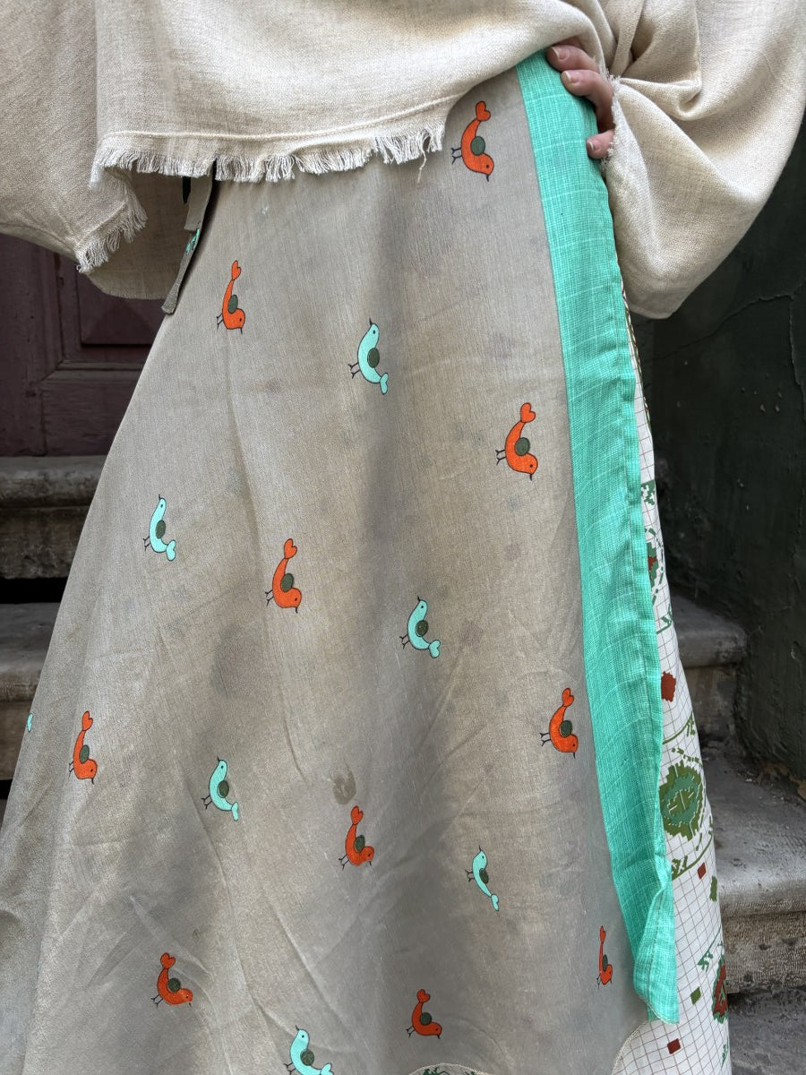 Birdsong – Çift Taraflı Kuş Desenli İpek Etek