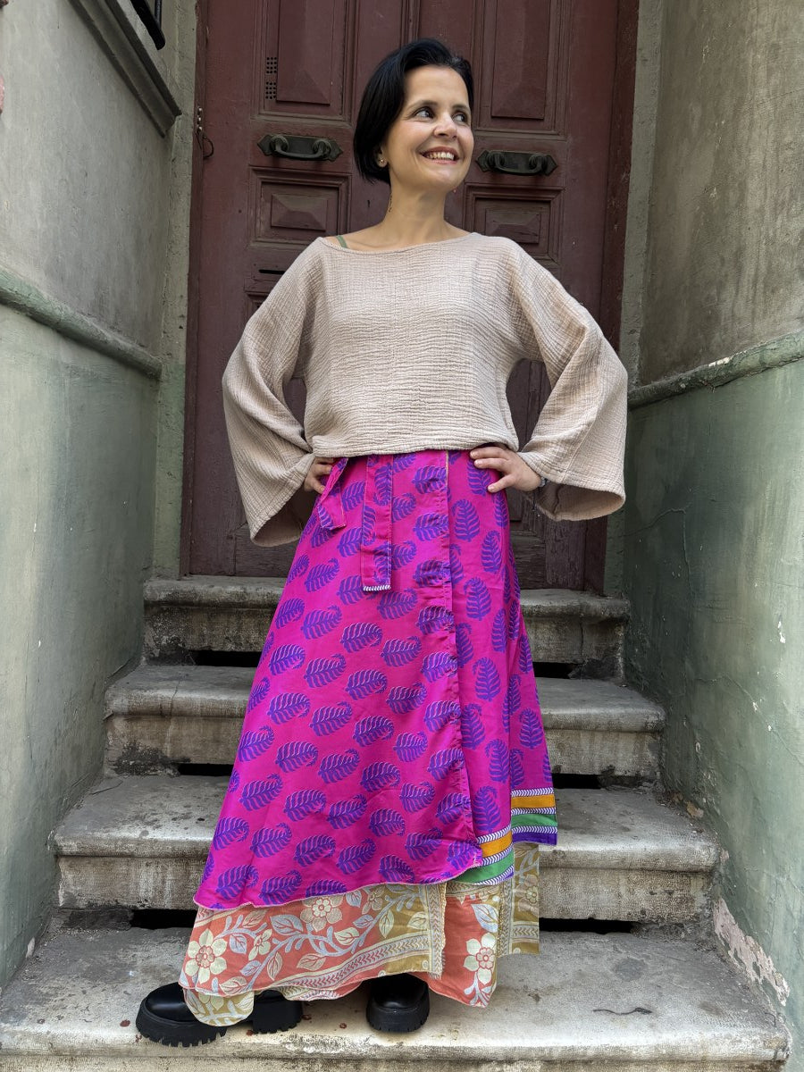 Çift Taraflı Nepal İpek Etek – Pembe Turuncu El Yapımı & Bohem Stil