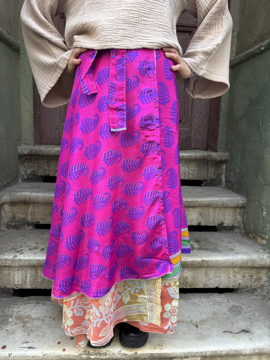 Çift Taraflı Nepal İpek Etek – Pembe Turuncu El Yapımı & Bohem Stil