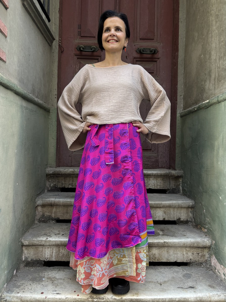 Çift Taraflı Nepal İpek Etek – Pembe Turuncu El Yapımı & Bohem Stil