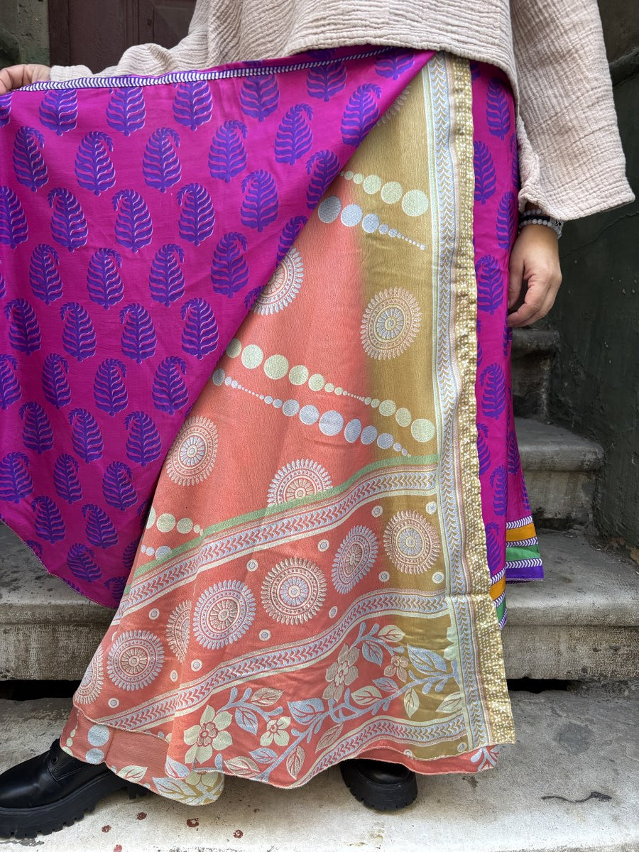 Çift Taraflı Nepal İpek Etek – Pembe Turuncu El Yapımı & Bohem Stil