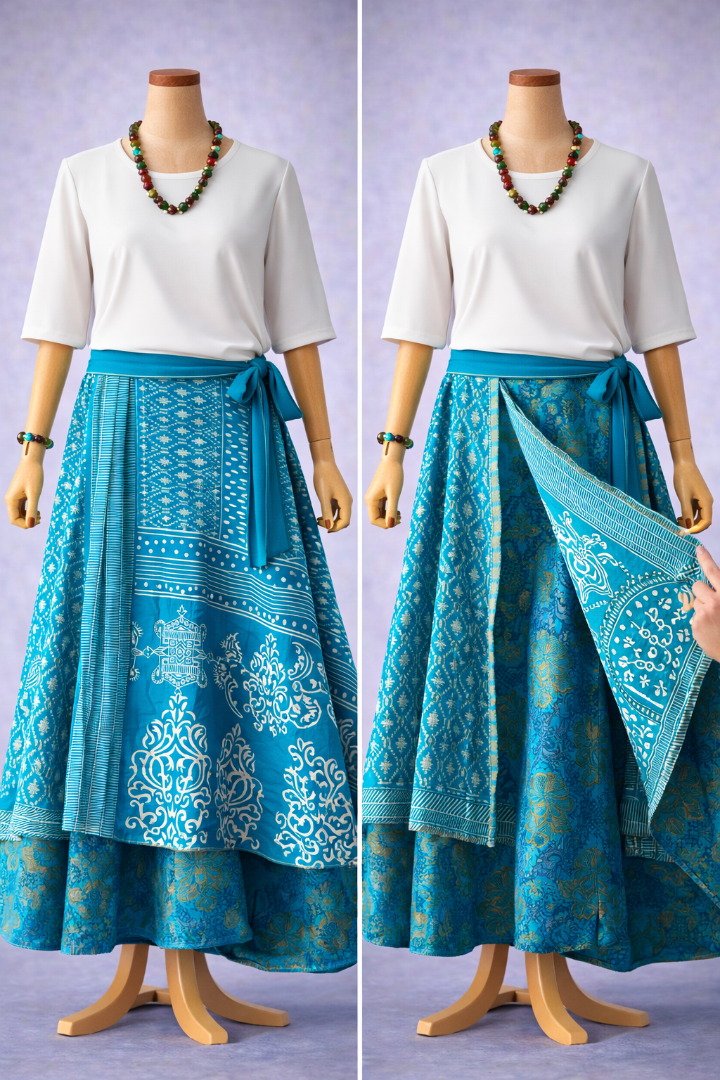 Çift Taraflı Bağlamalı İpek Etek – Mavi Paisley Desen (Nepal)