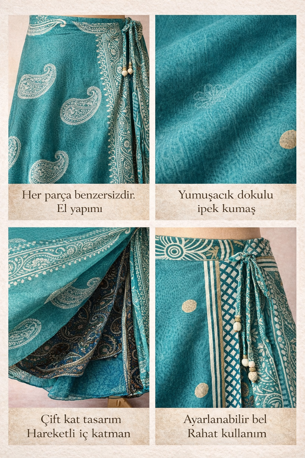Çift Taraflı Bağlamalı İpek Etek – Soft Mavi Paisley (Nepal)