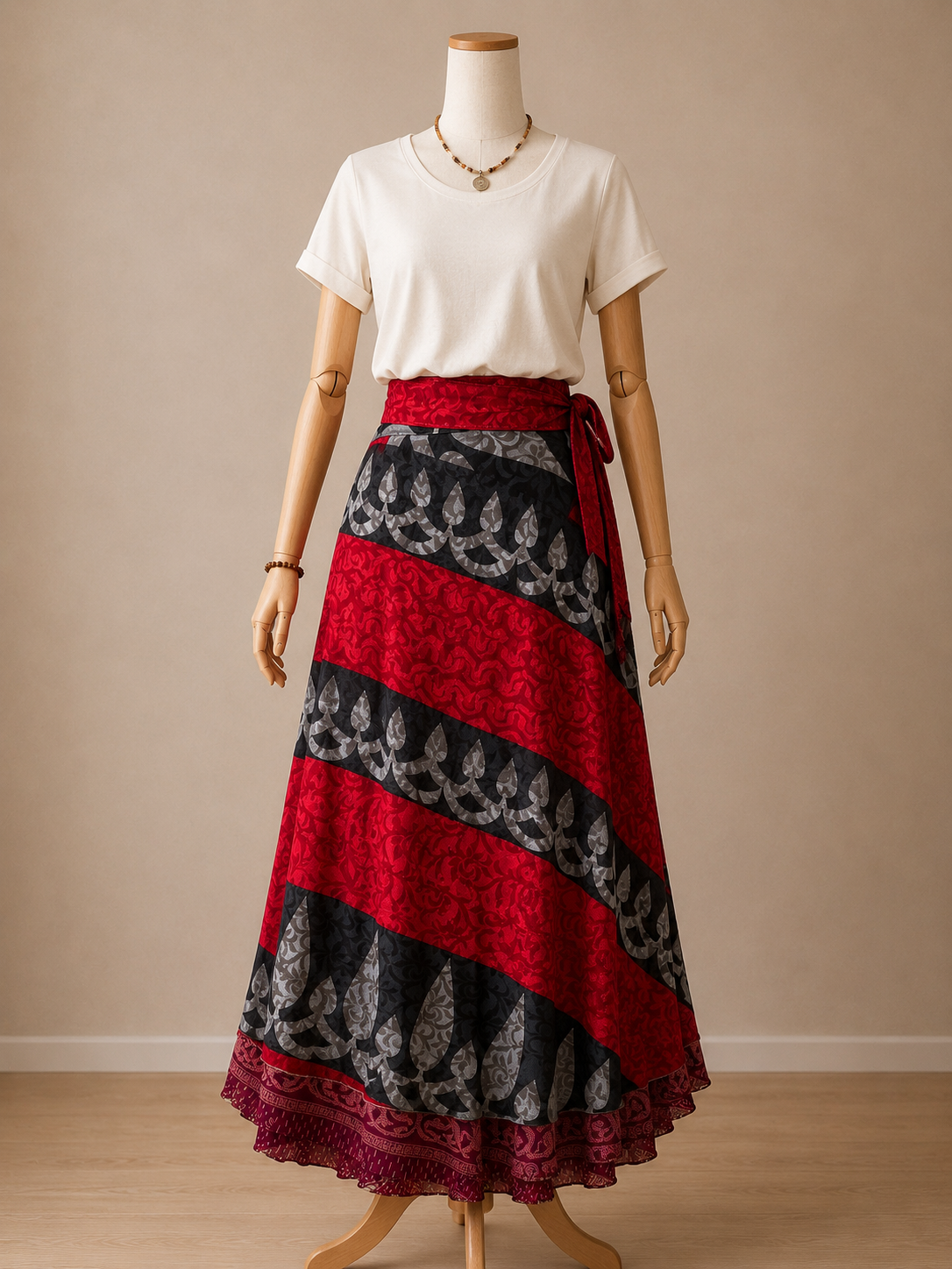 Çift Taraflı Bağlamalı İpek Etek Sarong – Kırmızı Bordo Desenli
