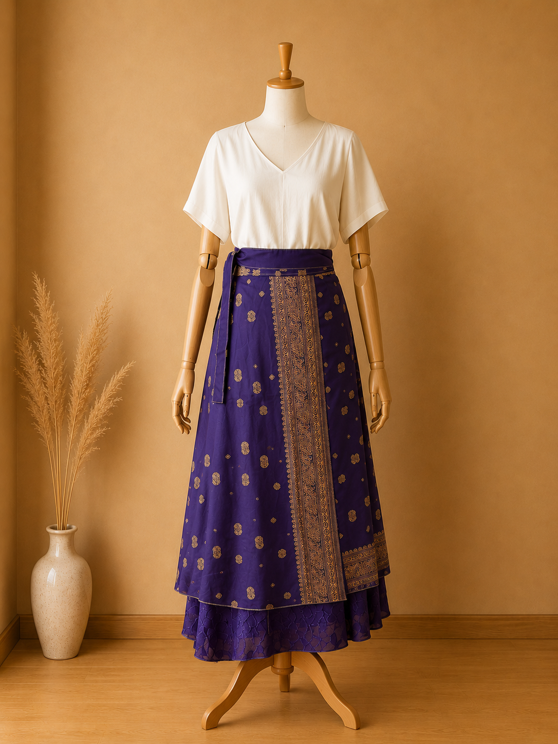 Çift Taraflı Bağlamalı İpek Etek Sarong – Saks Desenli