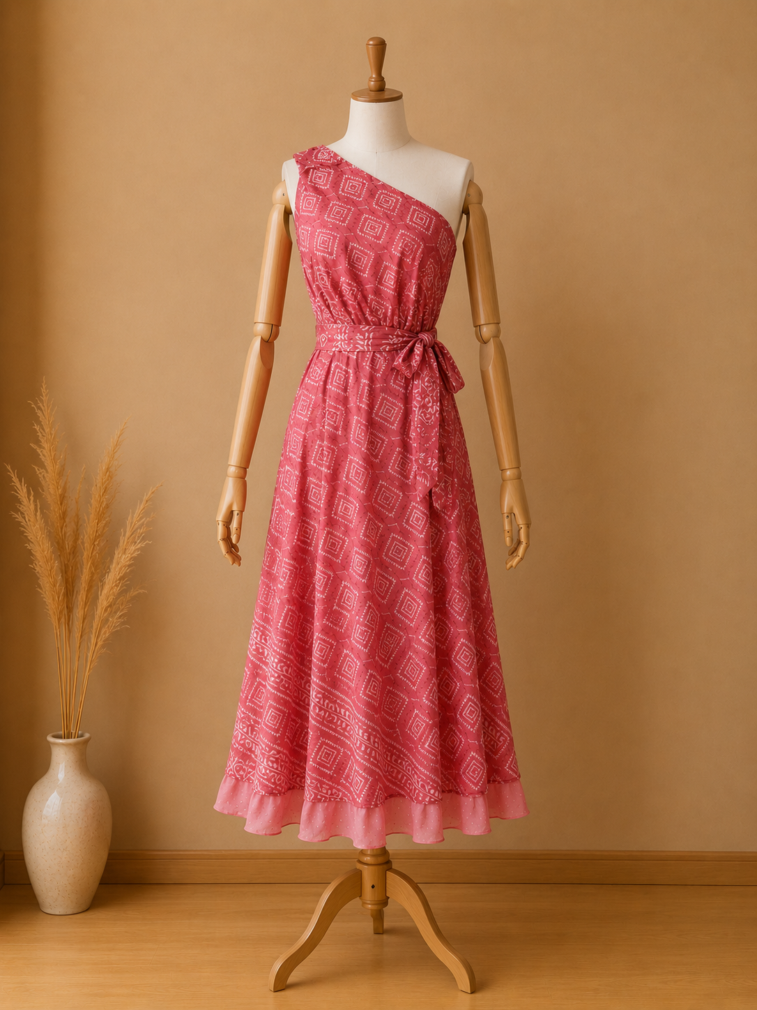 Çift Taraflı Bağlamalı İpek Etek Sarong – Gül Kurusu Pembe Desenli