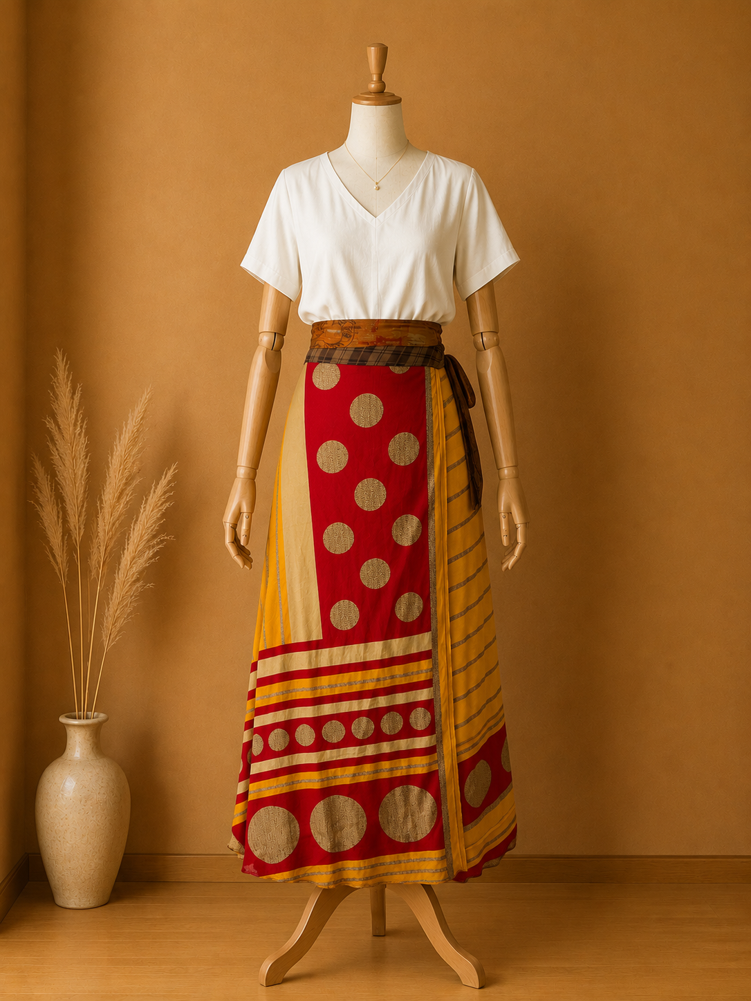 Çift Taraflı Bağlamalı İpek Etek Sarong – Sarı Kırmızı Desenli