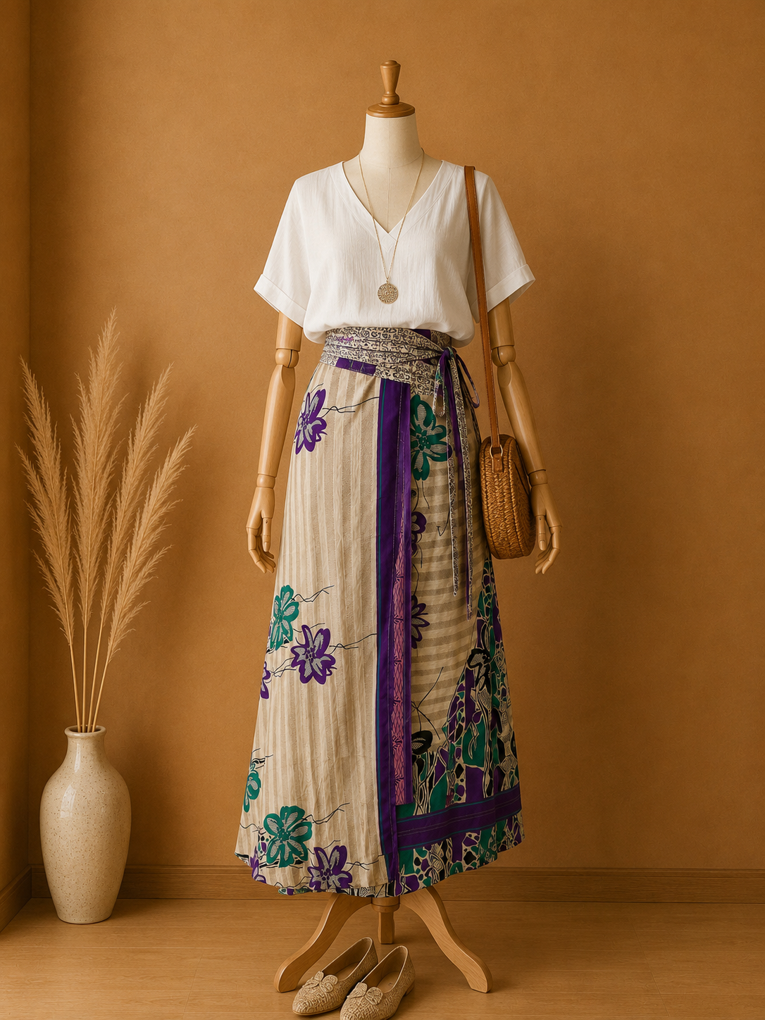 Çift Taraflı Bağlamalı İpek Etek Sarong – Soft Lila Desenli
