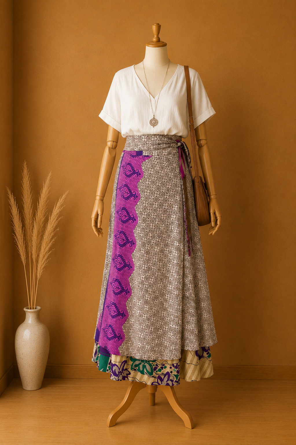 Çift Taraflı Bağlamalı İpek Etek Sarong – Soft Lila Desenli