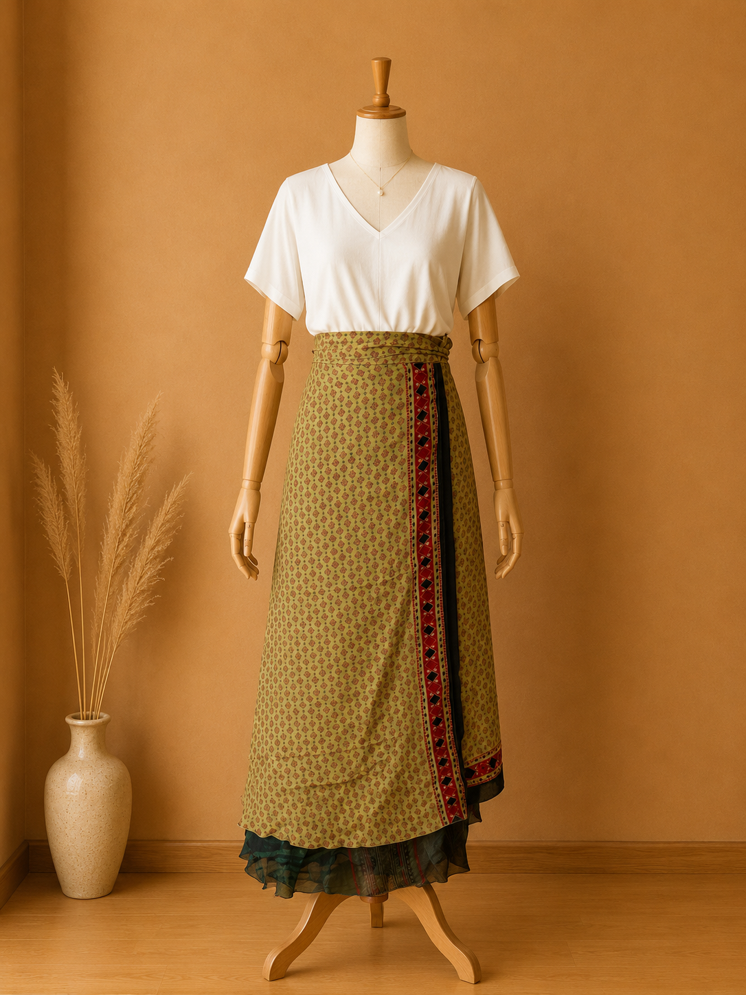 Çift Taraflı Bağlamalı İpek Etek Sarong – Yeşil Desenli