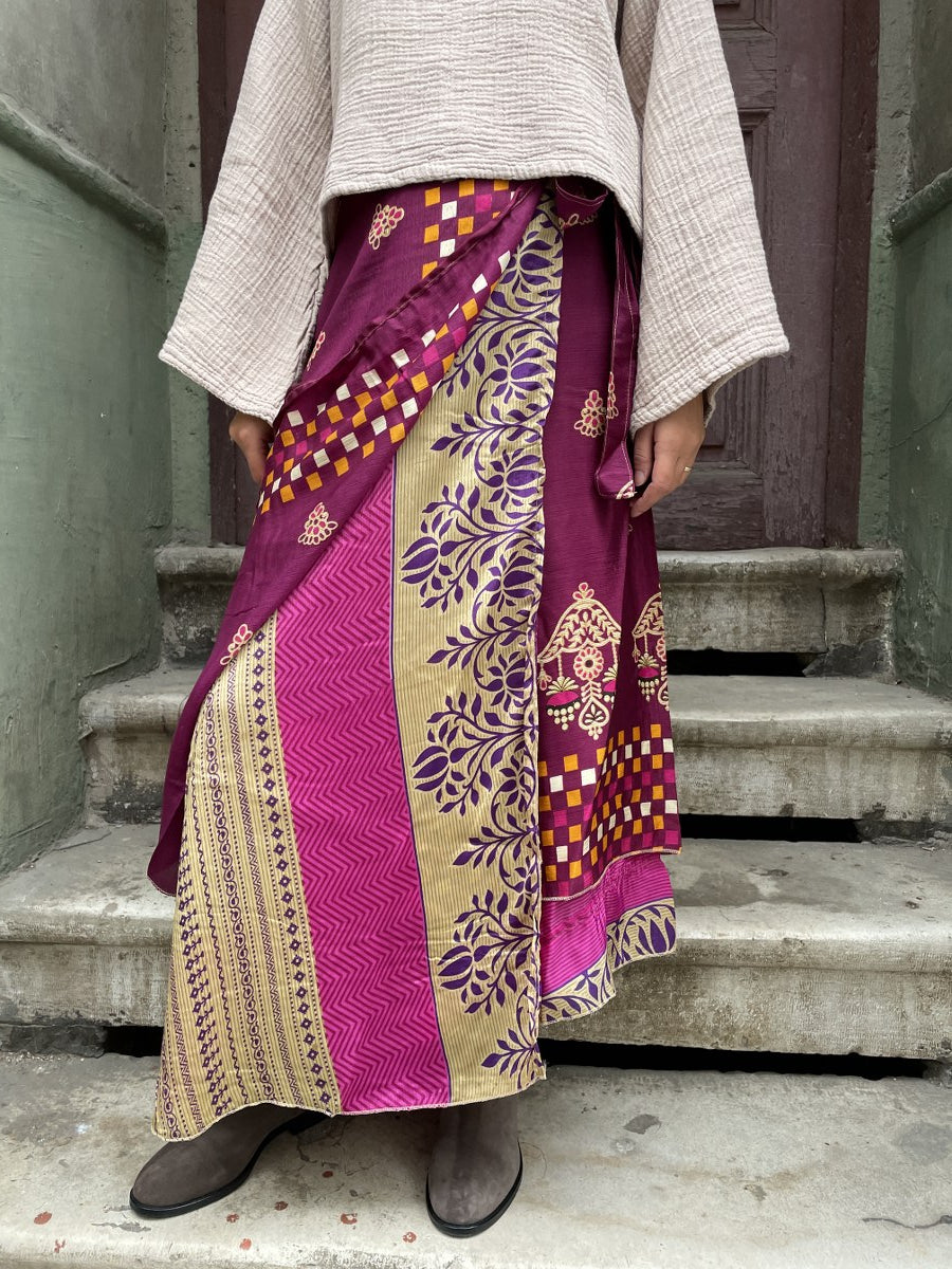 Nepal Çift Taraflı İpek Etek – Mürdüm Desenli