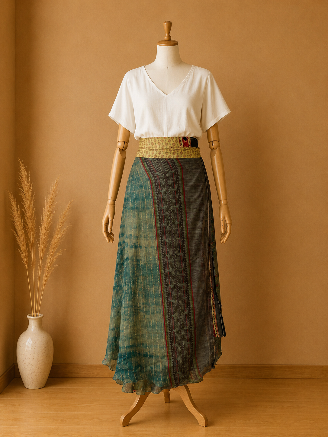 Çift Taraflı Bağlamalı İpek Etek Sarong – Yeşil Desenli