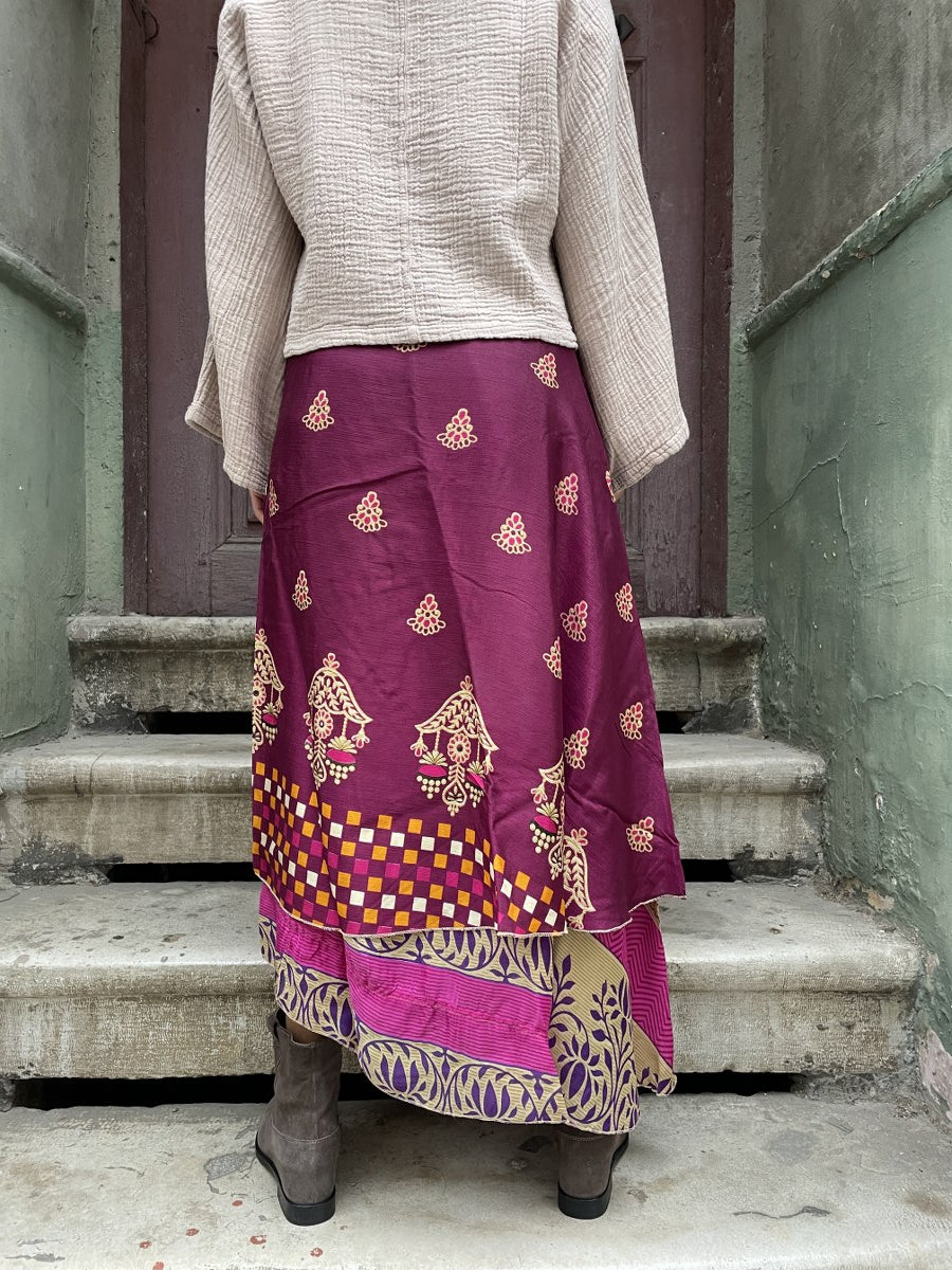 Nepal Çift Taraflı İpek Etek – Mürdüm Desenli