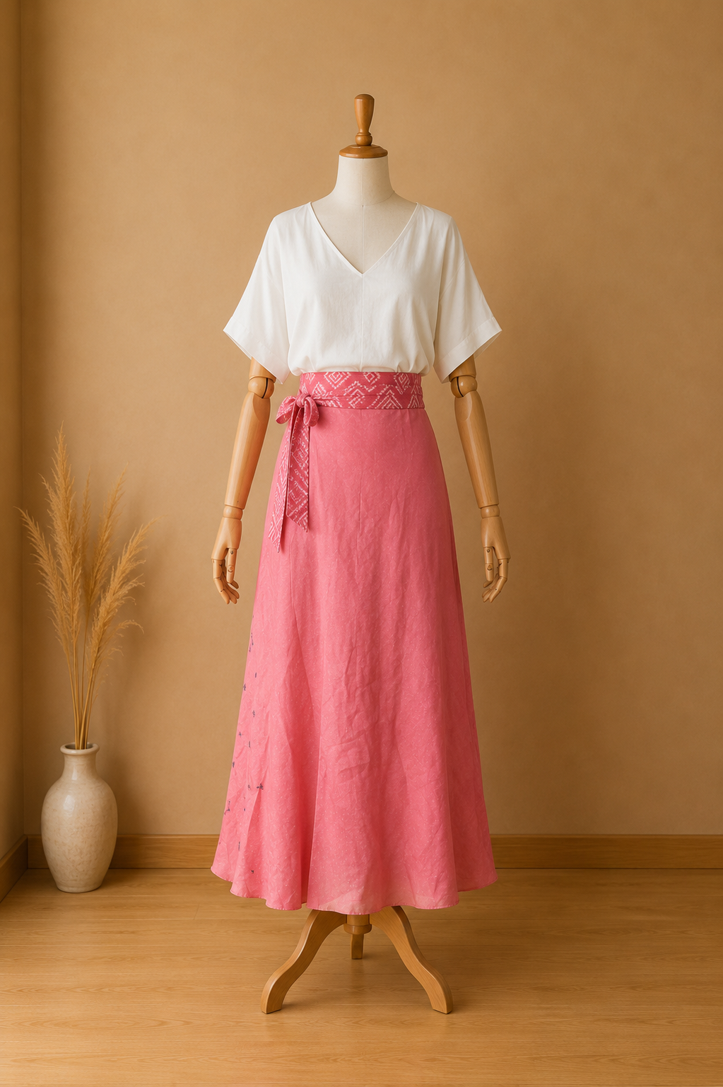 Çift Taraflı Bağlamalı İpek Etek Sarong – Gül Kurusu Pembe Desenli