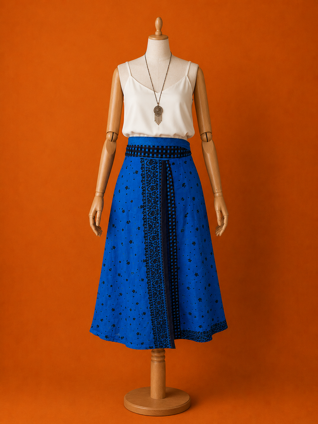 Çift Taraflı Bağlamalı İpek Etek Sarong – Mavi Desenli Bohem Etek ve Elbise