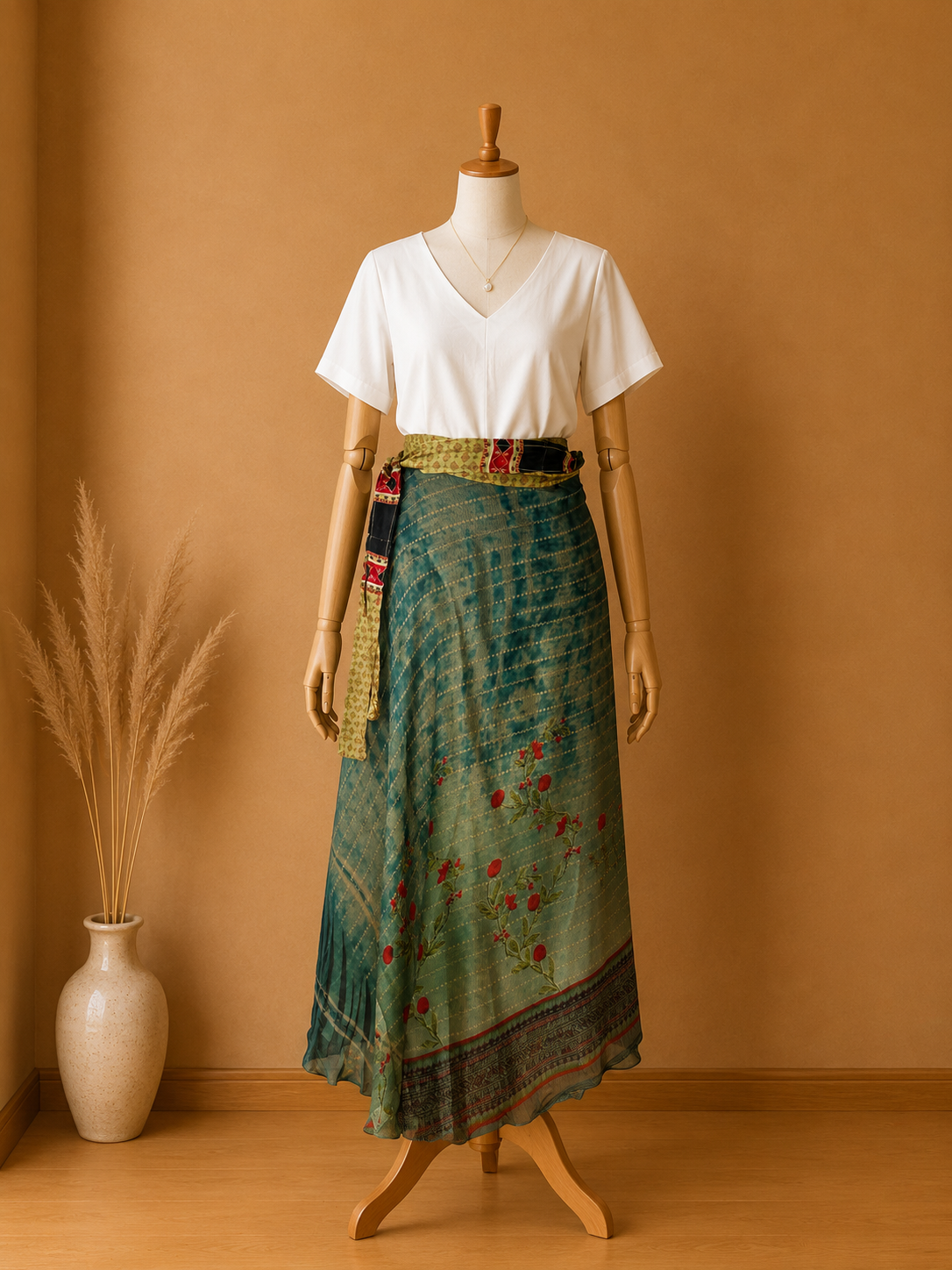 Çift Taraflı Bağlamalı İpek Etek Sarong – Yeşil Desenli