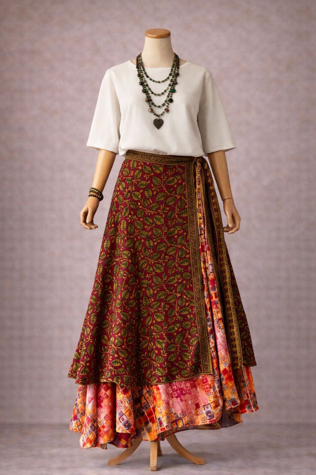 Çift Taraflı Bağlamalı İpek Etek – Haki Bordo