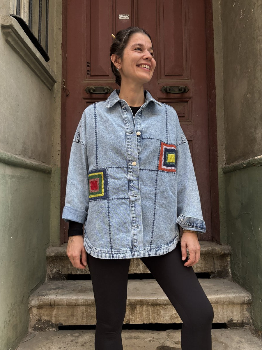 Nakış Detaylı Boho Jean Ceket