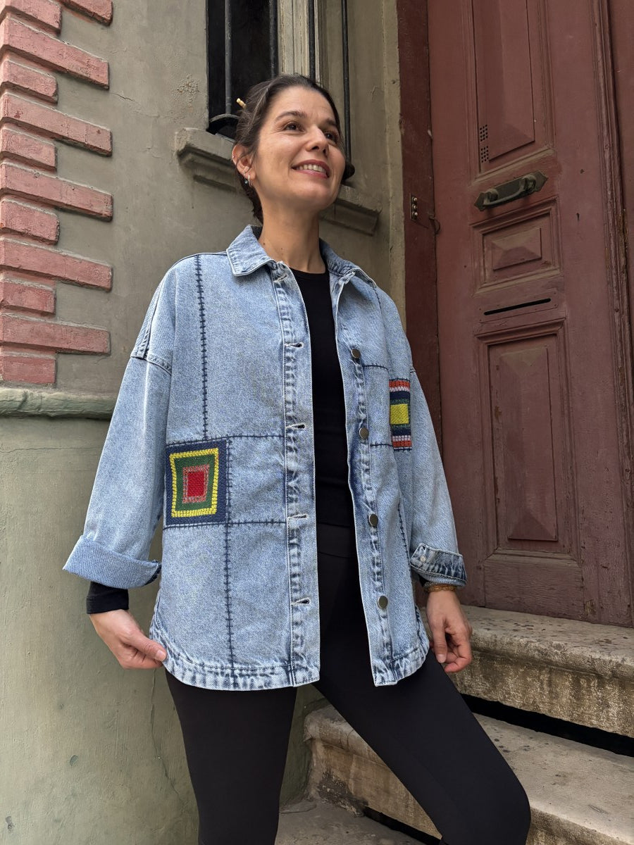 Nakış Detaylı Boho Jean Ceket