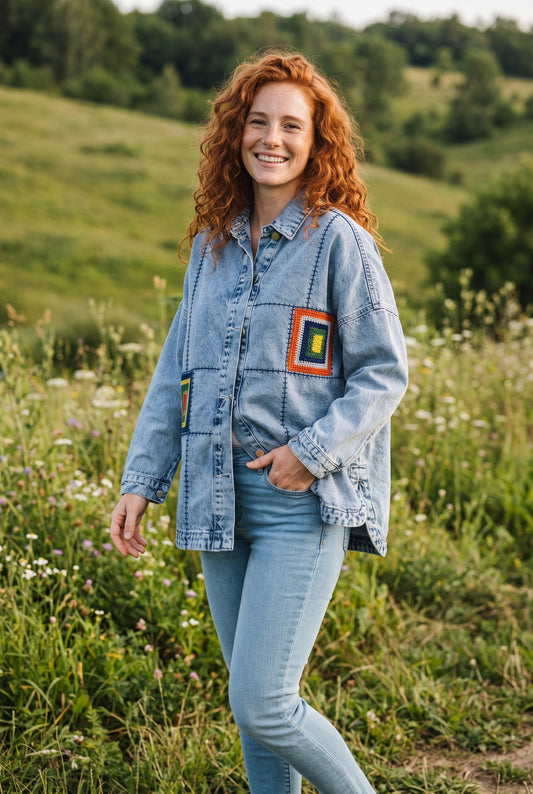 Patchwork Nakış Detaylı Kadın Boho Jean Ceket Mont – Oversize