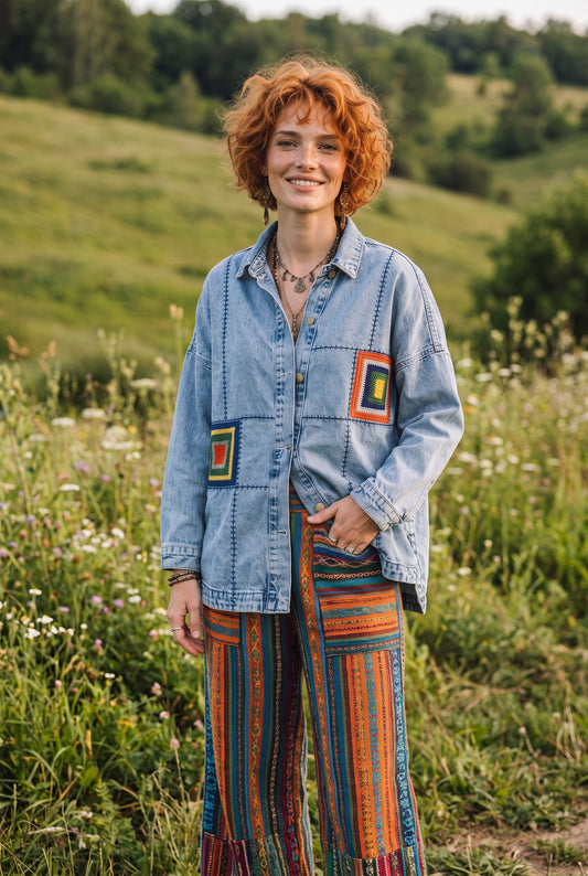 Patchwork Nakış Detaylı Kadın Boho Jean Ceket Mont – Oversize