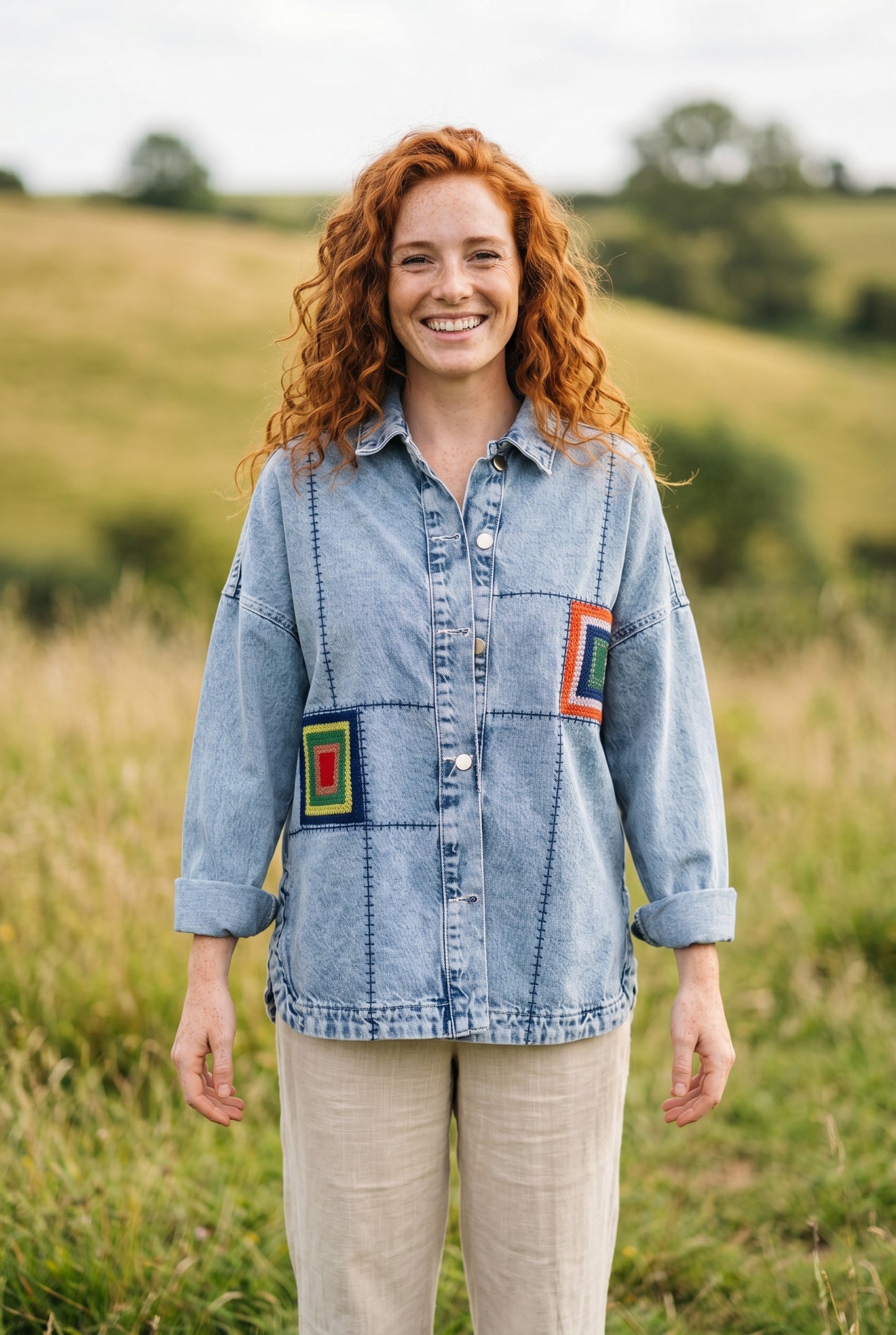 Patchwork Nakış Detaylı Kadın Boho Jean Ceket Mont – Oversize