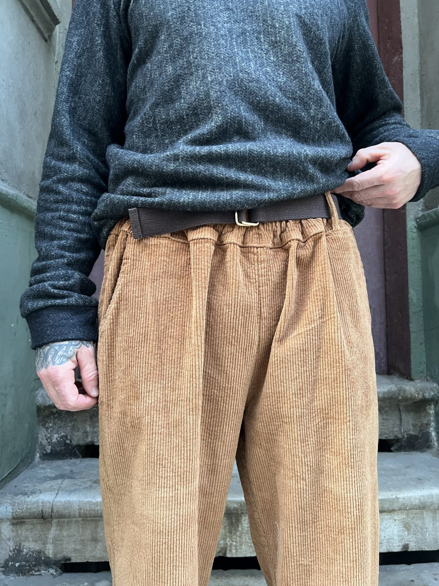 Unisex Fitilli Kışlık Kadife Pantolon Camel – Beli Lastikli, Cepli