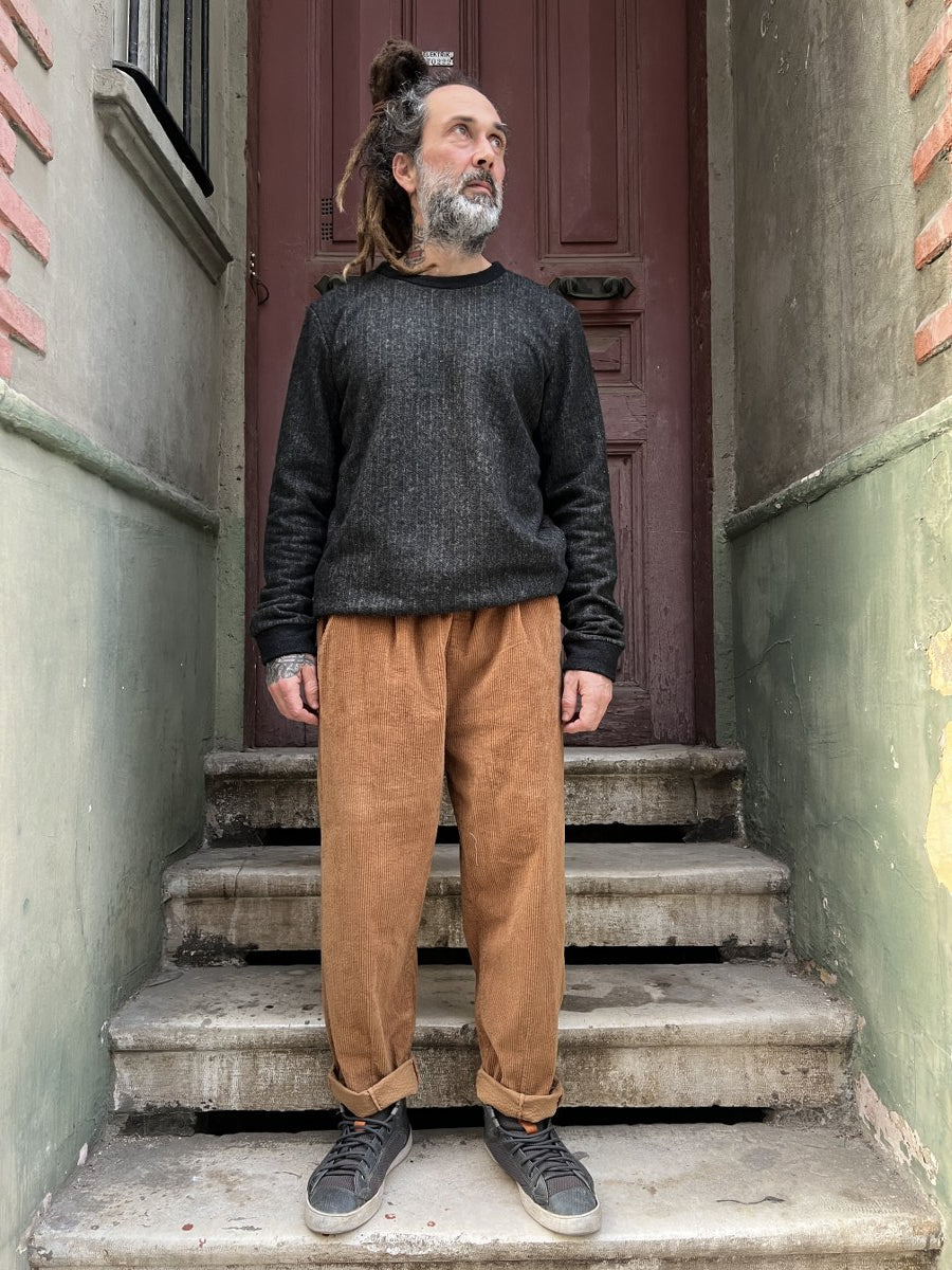 Unisex Fitilli Kışlık Kadife Pantolon Camel – Beli Lastikli, Cepli